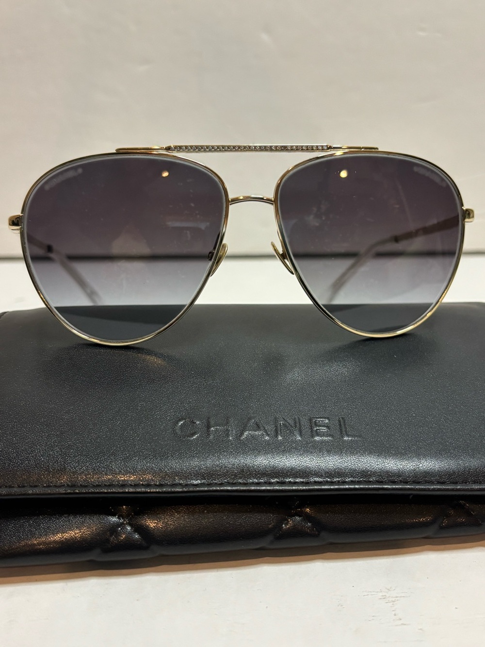 Chanel Gold Tone Crystal Aviator Frame Gradient Lens Sunglasses